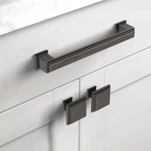 Oil Rubbed Bronze Square Cabinet Knobs 10 Pack For Kitchen Cabinets And Dresser Drawers, Zinc Alloy Hardware Pulls, installed on white cabinets