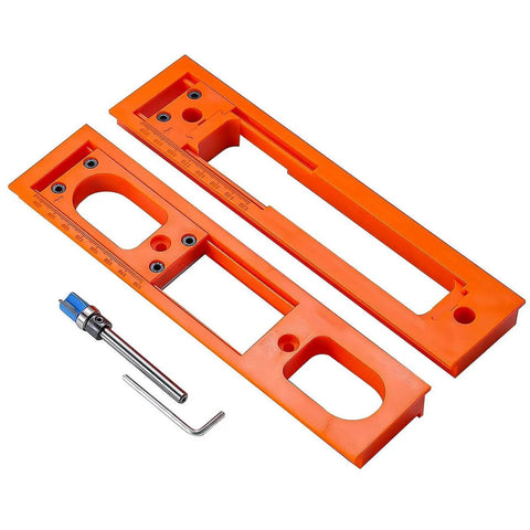 Door Hinge Jig Installation Kit With Adjustable Template And Milling Cutter For Precise Hinge Alignment Invisible Hinge Router Guide Template Fits Two And A Half To Six Inch Hinges Durable Plastic Construction For DIYers And Pros, showing the orange templates and accessories on white background.