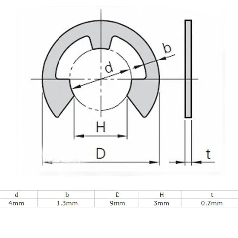 Diagram showing 4mm Inner Diameter 304 Stainless Steel E Clip Circlips set of 100 pieces durable E type retaining rings with dimensions.