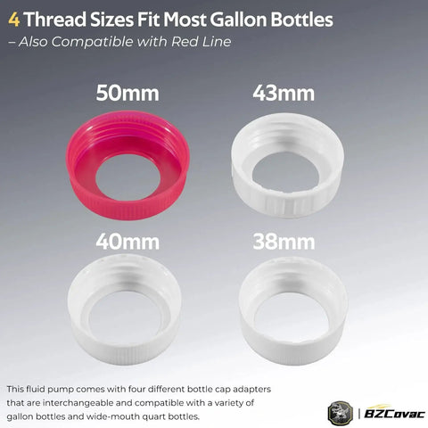 Four bottle cap adapters for 30cc Hand Oil Transfer Pump For Gallon Bottles Gear Oil And Transmission Fluid, sizes 50mm to 38mm.