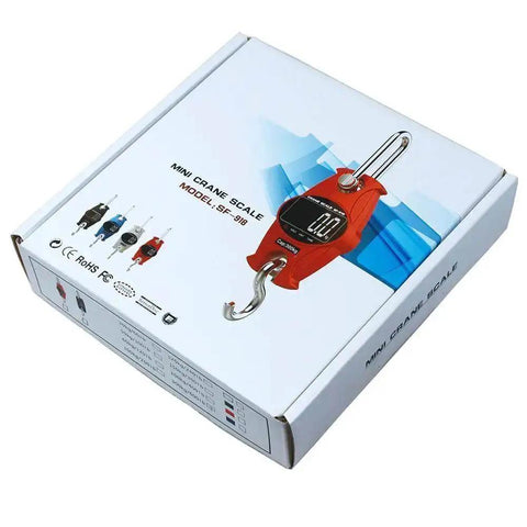 Box packaging of Orange Beefy Industrial Digital Scale 300 Kg 600 Lb SF-918 Heavy Duty Crane Scale showing red scale and hook.
