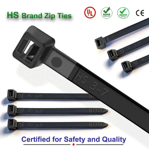 6 Inch Black Zip Ties 18 Lbs Tensile Strength Self Locking Nylon PA66 UV Resistant Weatherproof 100 Pack shown with safety certifications