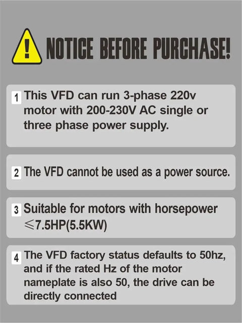 VFD safety placard; gray notice sign with yellow warning icon and four motor rules.