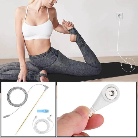 Copper Grounding Rod Kit With 39 Feet White Ground Wire And Blue Anti Static Wristband shown with yoga setup
