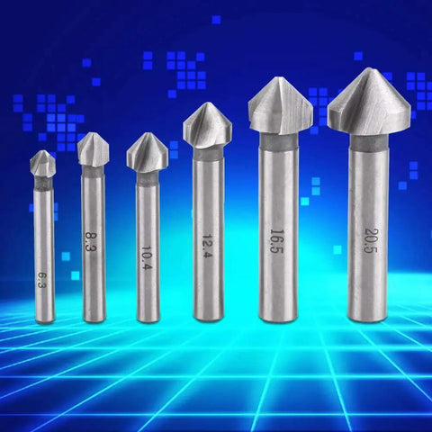 Six Piece HSS Countersink Bit Set With Round Shank 3 Flute Cutters displayed with sizes 6.3 to 20.5 mm for woodworking.