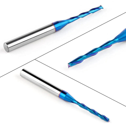 Upcut Spiral Router Bit With One Quarter Inch Shank And One Eighth Inch Cutting Diameter For Wood Cutting And Carving, Extra Long Three Inch Overall Length, Solid Carbide With Nano Blue Coating For CNC Router Bits Eanosic with blue spiral design, side view.