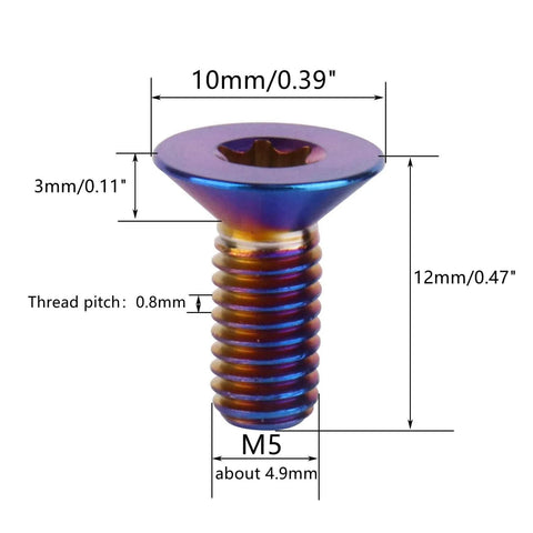 Close-up view of M5x12mm Torx head titanium bolt with burnt blue finish, highlighting dimensions and thread pitch.