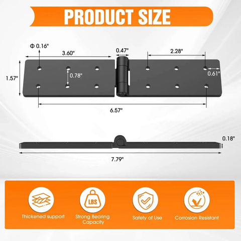 270 Degree Folding Hinge Set For Bifold Doors And Cabinets, black iron, product size dimensions shown, ideal for gates and barn doors.