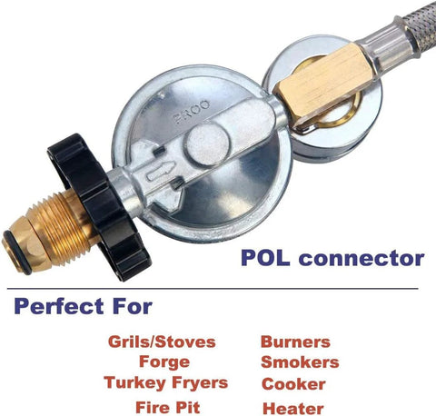 Propane regulator with POL connector and stainless braided hose for LP tank to fire pit or grill