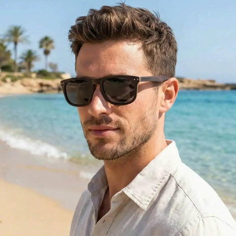 Man wearing Retro Wood Polarized Sunglasses With Bamboo Case For Men And Women Unique Natural Wood Frames Ebony Finish