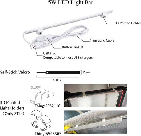 Diagram showing 5W LED light bar with USB plug, 1.5m cable, 3D printed holder, self-stick velcro, and light holder installation examples.