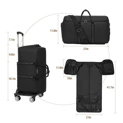 Rolling Garment Bag With Wheels For Travel Carry On Size With Shoe Compartment And Convertible Duffle Design, black, dimensions shown.
