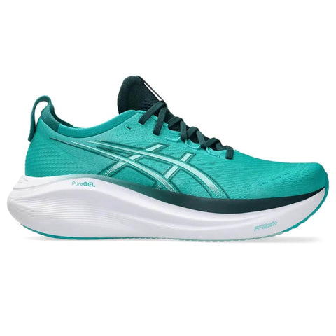 Gel Nimbus 27 Men's Running Shoes Size 9.5 Wave Teal Saxon Green Ultra Cushioned Ride With Engineered Jacquard Mesh Upper Eco Friendly Materials