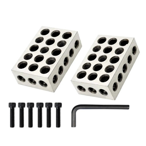 Matched Pair 1 2 3 Inch Machinist Setup Blocks With 23 Holes Precision Ground For Accurate Squaring And Layout Jecoupoon 0.0002 Inch Increments HRC 57 To 62 Flatness And Parallelism Within 0.0003 For Tight Repeatable Measurements, showing two metal blocks with bolts and hex key.