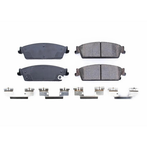 PowerStop Z17 ceramic rear brake pads with install hardware; four pads and mounting clips