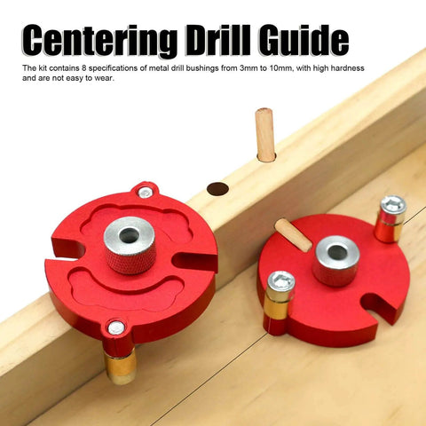 Pro Grade Auto Centering Dowel Jig with aluminum drill guide and eight drill bushings for woodworking up to 45mm thick