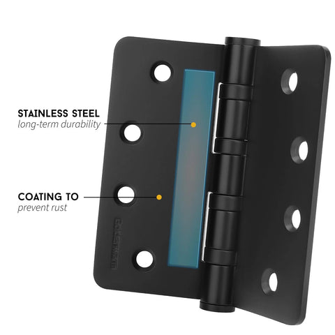 Door hinge, 4-inch black ball bearing, 3-pack, stainless steel coating, heavy-duty interior/exterior doors
