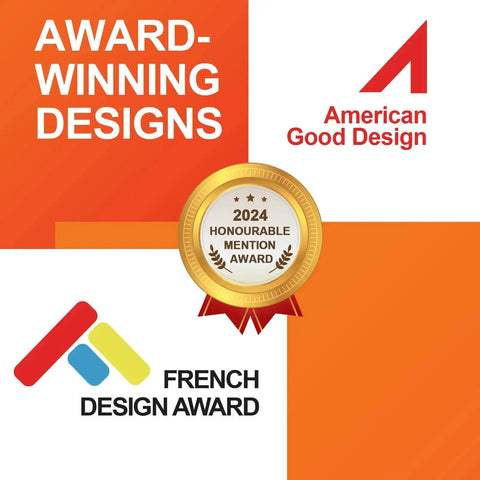 Award-winning design honors including American Good Design and French Design Award, with 2024 Honourable Mention badge.