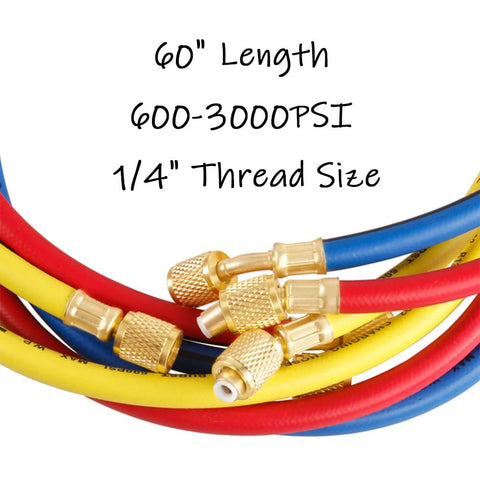 Automotive refrigerant charging hose set in red, yellow, blue with 1/4 inch threads and brass fittings, 60 inches long.
