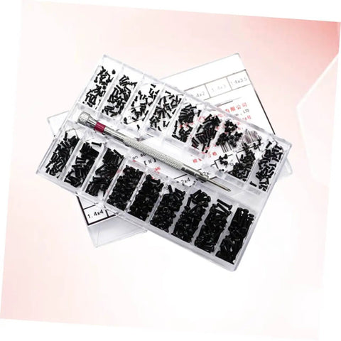 Miniature Screw Set With 18 Sizes, Flat Head Screws in clear storage case on white background