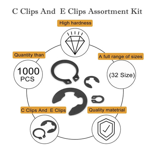 Heavy Duty C And E Clip Assortment Kit With 1000 Pieces, 19 C Clip Sizes From M3 To M28 And 13 E Clip Sizes From 1.5mm To 15mm
