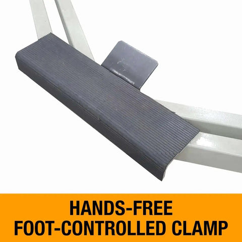 Close-up of foot-controlled clamp on 50 Inch Box And Pan Brake For 14 Gauge Mild Steel, hands-free operation detail