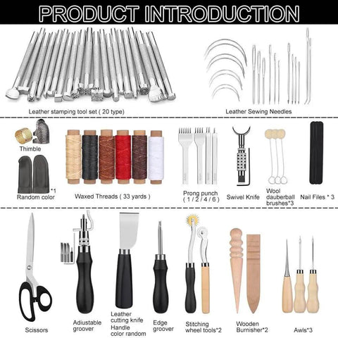 Image of a 72-piece all in one leather craft tools set for carving, stamping, sewing, punching, and cutting with a custom storage bag.