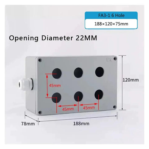 Side view of Push Button Switch Control Station Box 1 Piece IP67 Waterproof Cast Aluminum Explosion Proof Junction Box with 22mm diameter holes and 6 hole configuration.