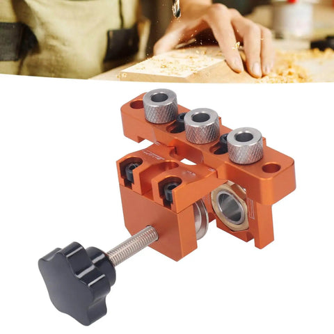 Three In One Doweling Jig Drill Kit with pro grade aluminum alloy, precise scale, quick clamping for wood drilling projects.