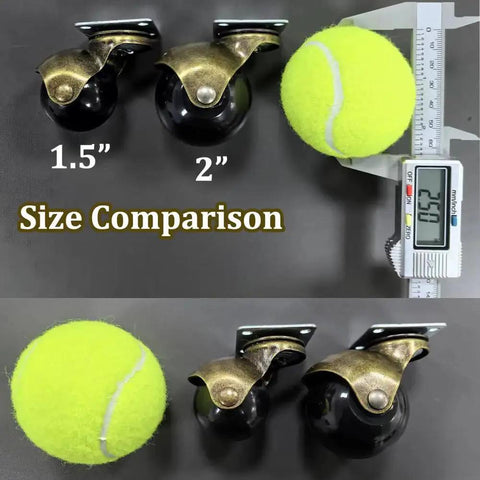 Heavy Duty 1.5 Inch Ball Caster Wheels For Furniture Set Of Four Swivel Castors With Antique Brass Top Plate And 180 Pound Capacity size compared to tennis ball