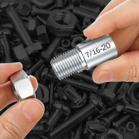 Nut And Bolt Thread Checker With 44 Male And Female Gauges For Quick Nut And Bolt Size Checks In Inch And Metric Featuring 23 Inch And 21 Metric Gauges For Fast Verifications Pro Grade Tool showing a hand holding a nut and a gauge with a thread size marking.
