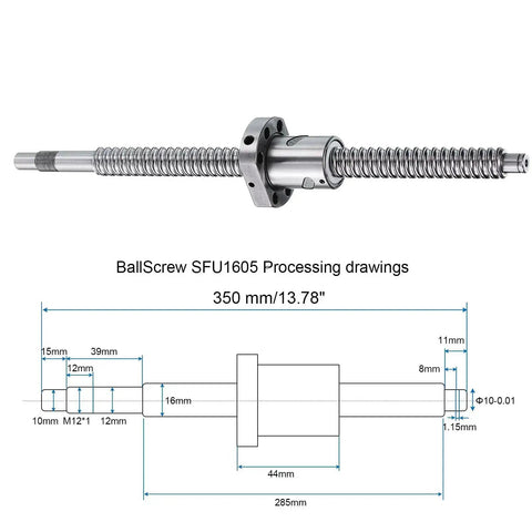 SFU1605 Ball Screw Kit With 350mm Length, 16mm Diameter, 5mm Lead, Anti Backlash Nut, Standard End Machining, technical drawing