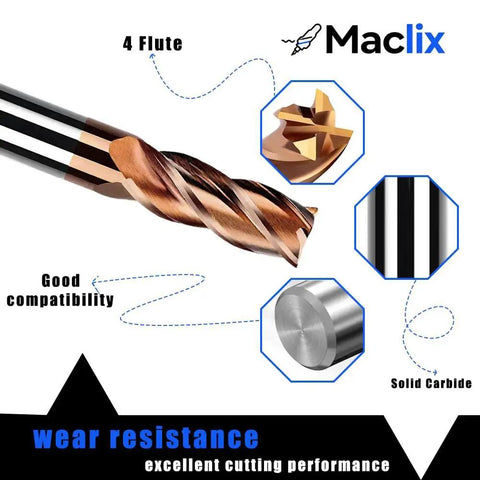 Quarter Inch Carbide End Mill Set For CNC Machining showing four flutes, carbide material, and compatibility with multiple metals