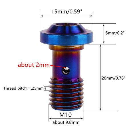 Titanium Banjo Bolts Beefy Yet Precise M10x20mm 1 To 1.25 Pitch Torx Head Brake Fitting Adapter Screw Burnt Blue Universal For Most Cars and Trucks Brake Systems 6Al4V Grade 5 Titanium Alloy with size details shown