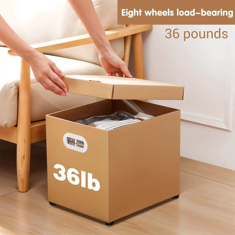 Self Adhesive Caster Wheels Set 16 Pieces With 360 Degree Swivel Mini Appliance Rollers installed on brown storage box