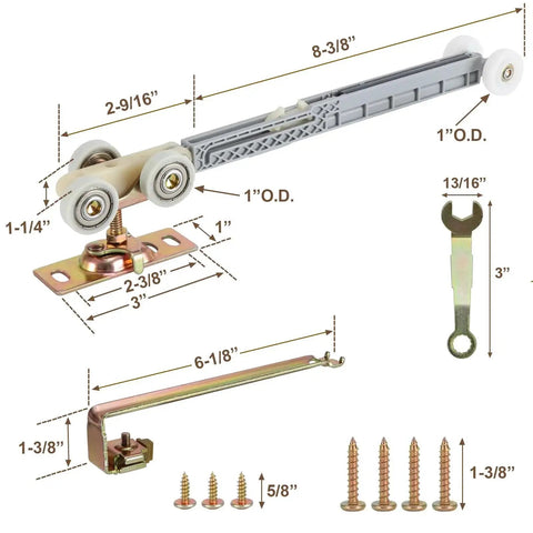 Bi-Directional Soft Close Sliding Pocket Door Rollers Kit With 1 Inch Ball Bearing Wheels, dimensions and components shown