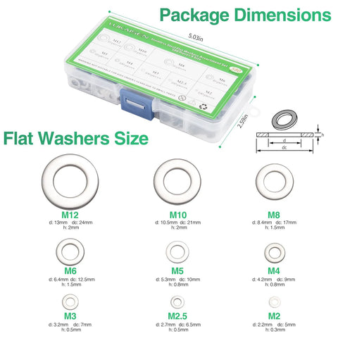 Flat washer set in clear plastic case, 580 pcs, 304 stainless steel, sizes M2-M12.