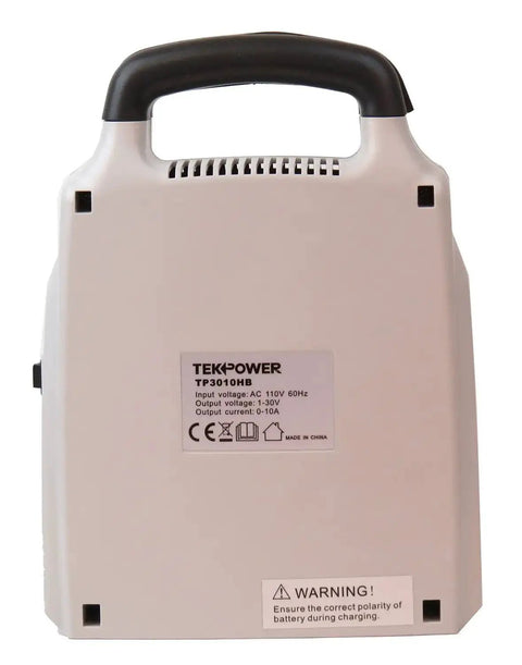 Back view of 2 In 1 Adjustable DC Power Supply And Battery Charger 0 To 30V 0 To 10A With 5V USB Output, sturdy handle, warning label visible.