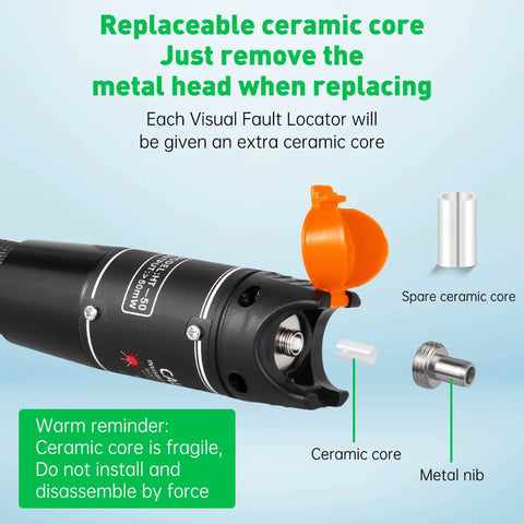 Moocci Visual Fault Locator fiber optic tester, black handheld tool with orange cap, spare ceramic core and metal nib