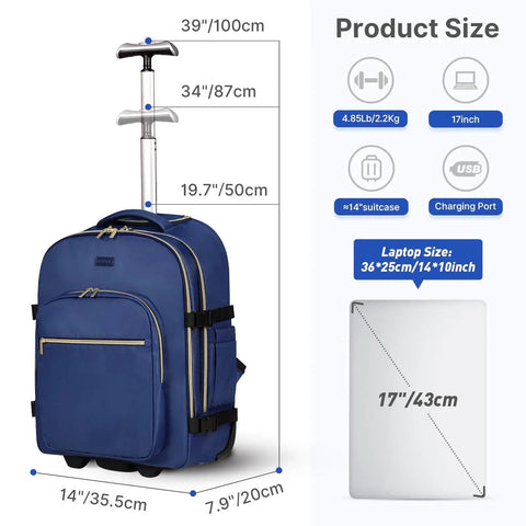 On The Go Rolling Backpack For Women With 17 Inch Laptop Compartment And Smooth Wheels Perfect Carry On Luggage For Air Travel And Overnight Business Trips Dark Blue By Devpnr Pro Traveler showing dimensions and features, including USB port.