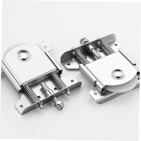 Sliding Glass Door Roller Pulleys Set For Wardrobe And Cabinet Tracks, steel material, heavy-duty design, close-up view.