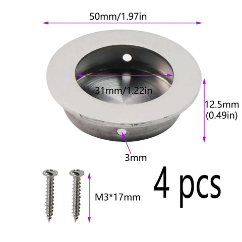 Round Sliding Closet Door Handles Set Of 4 In Stainless Steel Silver Finish Flush Finger Pulls With 2 Inch Diameter Recessed Pocket Handle Suitable For Sliding Barn Doors Cabinets And Wardrobes Includes Screws 50x40mm shown with screws and dimensions.