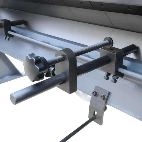 Close-up of adjustable rear stop on Ultra 24 Inch Box And Pan Brake with 3 segment movable fingers for complex sheet metal bends.