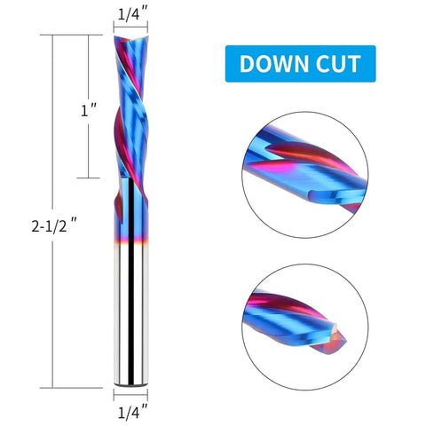 Downcut Spiral Router Bit For Wood With One Fourth Inch Shank And One Fourth Inch Cutting Diameter Solid Carbide With Nano Blue Coating