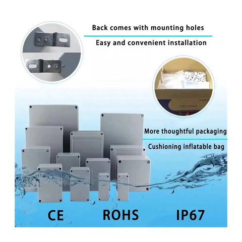 Assorted sizes of IP67-rated enclosures, highlighting mounting holes and packaging features, ideal for industrial projects.