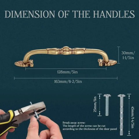 Diagram of Two Pack 5 Inch Brass Cabinet Pulls Antique Floral Pattern Cupboard Handles with measurements and screw details