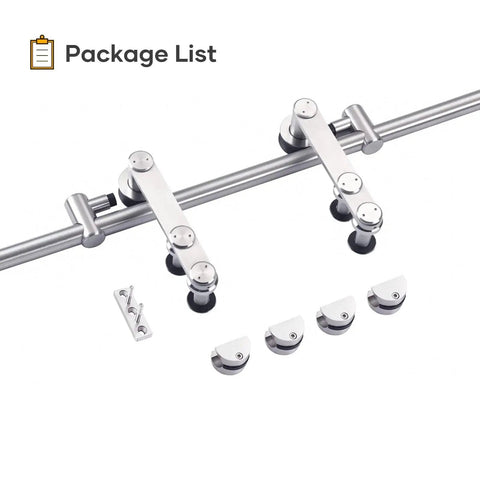 Stainless Steel Sliding Barn Door Hardware Track Kit 5 Ft Heavy Duty Anti Rust Anti Corrosion Ball Bearing Rollers components on display.