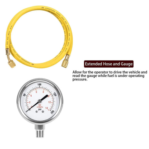 Fuel Pressure Test Kit With Billet Cap And Pressure Port For Ford 6.0L Diesel featuring yellow hose and liquid-filled gauge.
