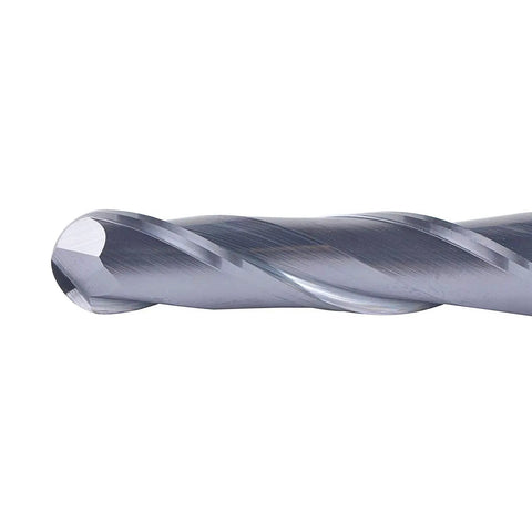 Close-up of a Ball Nose Carbide End Mill CNC Router Bit Two Flute TiAlN Coated One Quarter Inch Shank showing spiral milling design.