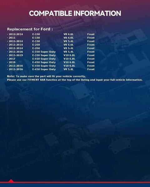 Compatible information chart for Electric Fuel Pump Module Assembly Drop-In Replacement For Ford E Series Vans 2011 To 2019.